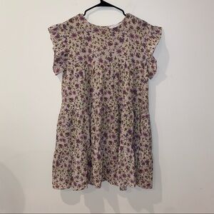 Olivaceous cream purple floral tiered babydoll ruffle sleeve dress